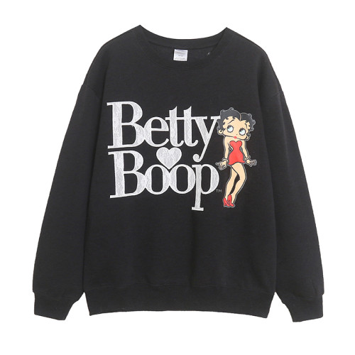 卡通字母蕾絲刺綉圓領衛衣女套頭加絨寬松減齡大碼可愛上衣潮