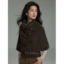 貳羊設計【憶安】慵懶復古高級感高領鬭篷針織衫女秋寬松麻花毛衣