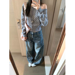 韓系灰色波點長袖針織開衫女秋季設計感小衆顯瘦內搭斜領露肩上衣