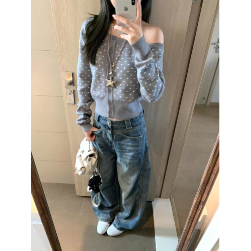 韓系灰色波點長袖針織開衫女秋季設計感小衆顯瘦內搭斜領露肩上衣