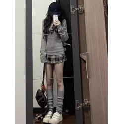 美式灰色亨利領長袖針織衫女秋季新款修身顯瘦辣妹內搭打底衫上衣