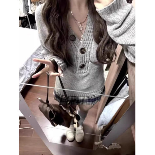 美式灰色亨利領長袖針織衫女秋季新款修身顯瘦辣妹內搭打底衫上衣