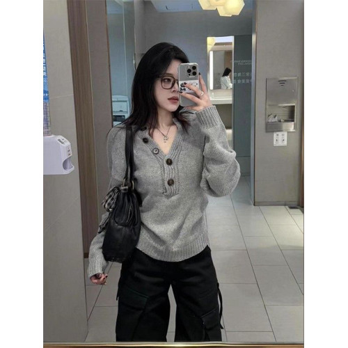 美式灰色亨利領長袖針織衫女秋季新款修身顯瘦辣妹內搭打底衫上衣