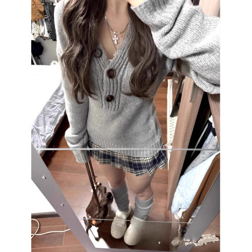 美式灰色亨利領長袖針織衫女秋季新款修身顯瘦辣妹內搭打底衫上衣