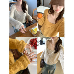 v領長毛馬海鏤空上衣女2025新款秋絞花針織罩衫吊帶兩件套