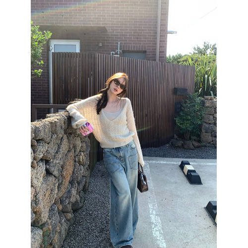 v領長毛馬海鏤空上衣女2025新款秋絞花針織罩衫吊帶兩件套 v領長毛馬海鏤空上衣女2025新款秋絞花針織罩衫吊帶兩件套