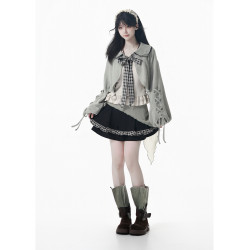 pinksavior【青提抹茶】灰綠色秋冬針織小開衫氛圍感顯瘦套裝