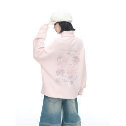 美式復古印花粉色高領毛衣女男秋冬新款寬松慵懶松弛感套頭針織衫