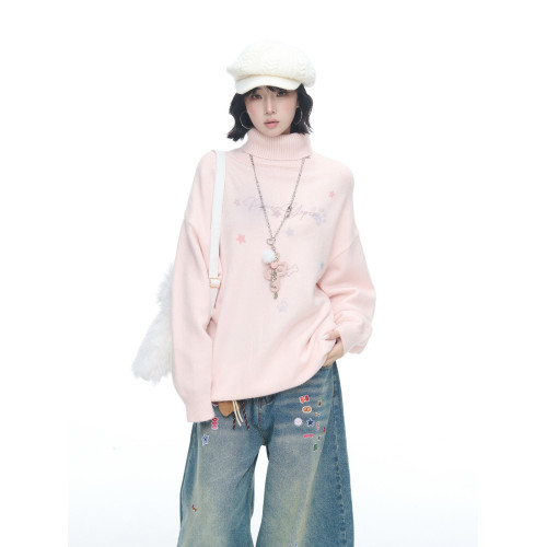 美式復古印花粉色高領毛衣女男秋冬新款寬松慵懶松弛感套頭針織衫 美式復古印花粉色高領毛衣女男秋冬新款寬松慵懶松弛感套頭針織衫