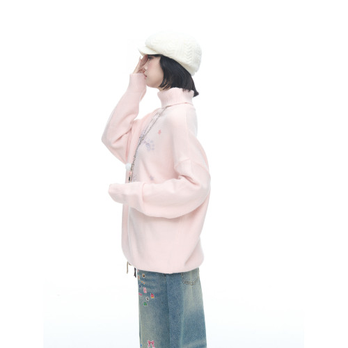 美式復古印花粉色高領毛衣女男秋冬新款寬松慵懶松弛感套頭針織衫 美式復古印花粉色高領毛衣女男秋冬新款寬松慵懶松弛感套頭針織衫