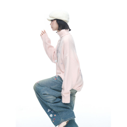 美式復古印花粉色高領毛衣女男秋冬新款寬松慵懶松弛感套頭針織衫 美式復古印花粉色高領毛衣女男秋冬新款寬松慵懶松弛感套頭針織衫