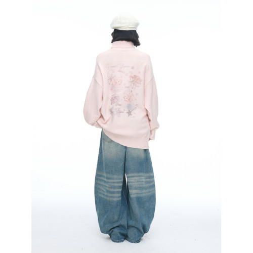 美式復古印花粉色高領毛衣女男秋冬新款寬松慵懶松弛感套頭針織衫 美式復古印花粉色高領毛衣女男秋冬新款寬松慵懶松弛感套頭針織衫