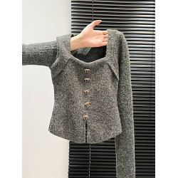 復古灰色蝴蝶結方領針織衫毛衣女秋冬季修身打底衫女內搭針織上衣