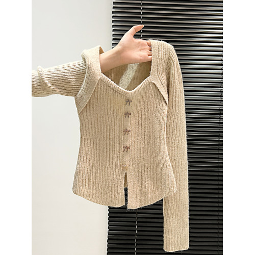 復古灰色蝴蝶結方領針織衫毛衣女秋冬季修身打底衫女內搭針織上衣