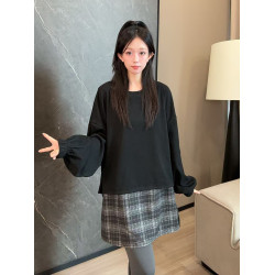 二姐的寶藏秋款設計感格紋拼接休閒毛衣針織衫時尚圓領上衣#25369