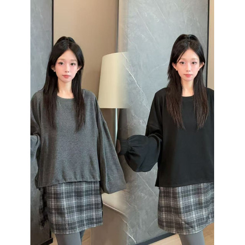 二姐的寶藏秋款設計感格紋拼接休閒毛衣針織衫時尚圓領上衣#25369 二姐的寶藏秋款設計感格紋拼接休閒毛衣針織衫時尚圓領上衣#25369