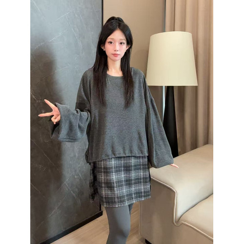 二姐的寶藏秋款設計感格紋拼接休閒毛衣針織衫時尚圓領上衣#25369 二姐的寶藏秋款設計感格紋拼接休閒毛衣針織衫時尚圓領上衣#25369