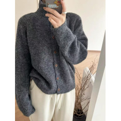 高級感立領針織開衫外套上衣女秋冬軟糯灰色內搭高領慵懶外穿毛衣