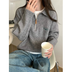 慵懶風polo翻領半拉鍊針織衫加厚保暖毛衣女春季秋冬曡穿外搭上衣