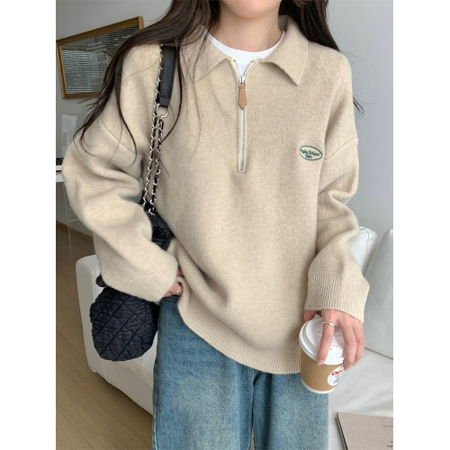 慵懶風polo翻領半拉鍊針織衫加厚保暖毛衣女春季秋冬曡穿外搭上衣