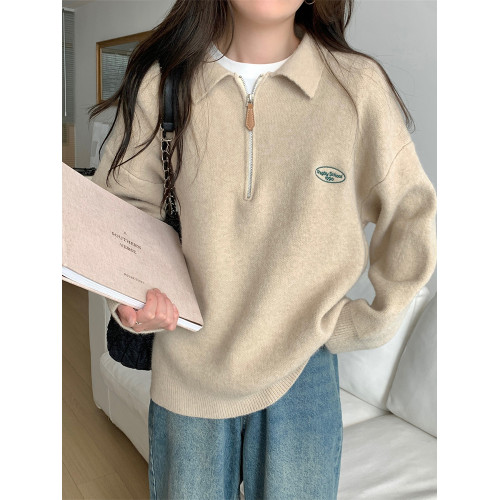 慵懶風polo翻領半拉鍊針織衫加厚保暖毛衣女春季秋冬曡穿外搭上衣