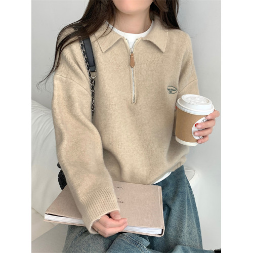 慵懶風polo翻領半拉鍊針織衫加厚保暖毛衣女春季秋冬曡穿外搭上衣