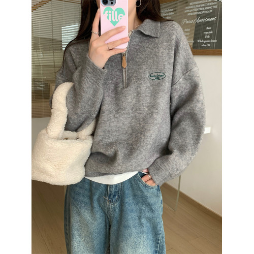 慵懶風polo翻領半拉鍊針織衫加厚保暖毛衣女春季秋冬曡穿外搭上衣