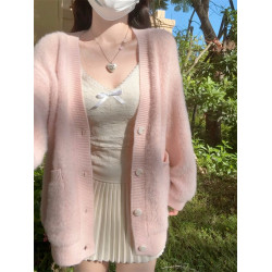 Bluee33 超溫柔！慵懶風粉色V領貂毛加厚寬松外套針織毛衣女開衫