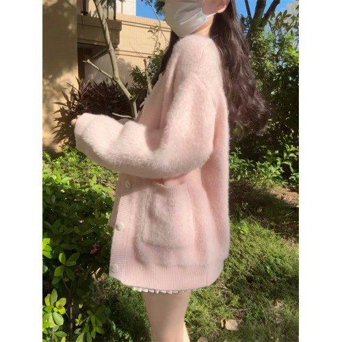 Bluee33 超溫柔!慵懶風粉色V領貂毛加厚寬松外套針織毛衣女開衫 Bluee33 超溫柔!慵懶風粉色V領貂毛加厚寬松外套針織毛衣女開衫