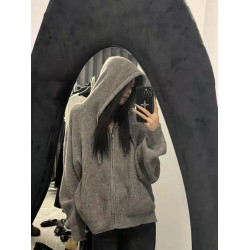 韓系浣熊絨灰色拉鍊連帽毛衣女秋冬季慵懶高級感針織開衫衛衣外套