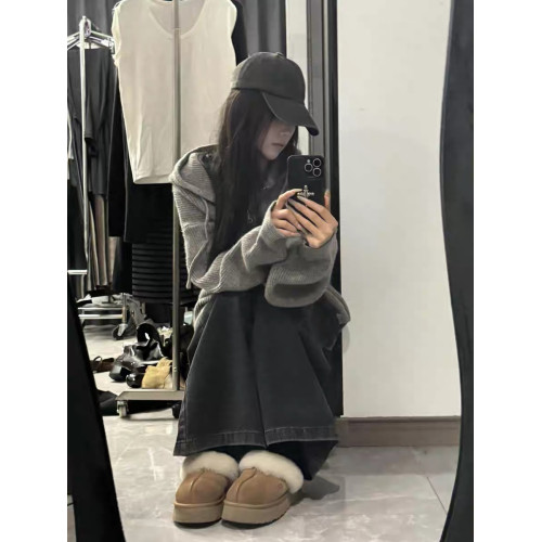 韓系浣熊絨灰色拉鍊連帽毛衣女秋冬季慵懶高級感針織開衫衛衣外套