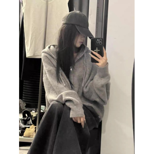 韓系浣熊絨灰色拉鍊連帽毛衣女秋冬季慵懶高級感針織開衫衛衣外套