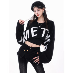 ABWLR潮流速遞-原創韓式蝙蝠袖毛針織衫女寬松百搭字母設計感毛衣