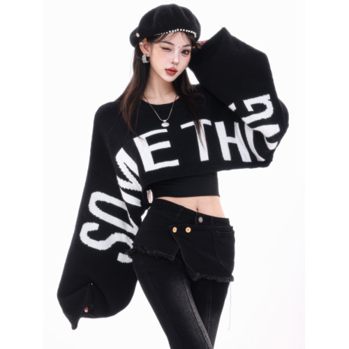 ABWLR潮流速遞-原創韓式蝙蝠袖毛針織衫女寬松百搭字母設計感毛衣 ABWLR潮流速遞-原創韓式蝙蝠袖毛針織衫女寬松百搭字母設計感毛衣