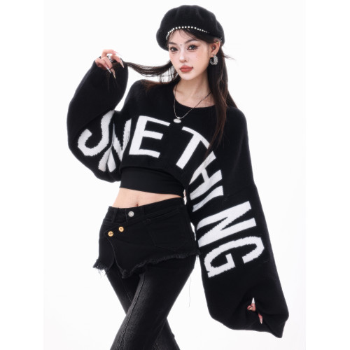 ABWLR潮流速遞-原創韓式蝙蝠袖毛針織衫女寬松百搭字母設計感毛衣 ABWLR潮流速遞-原創韓式蝙蝠袖毛針織衫女寬松百搭字母設計感毛衣