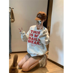 灰色純棉圓領無帽衛衣女2025新款爆款春秋寬松小衆設計感加絨上衣