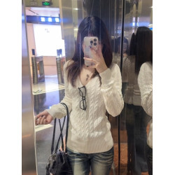 韓系麻花白色V領毛衣針織衫女秋冬2025新款內搭修身顯瘦軟糯上衣