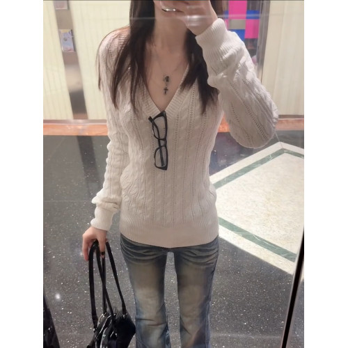 韓系麻花白色V領毛衣針織衫女秋冬2025新款內搭修身顯瘦軟糯上衣
