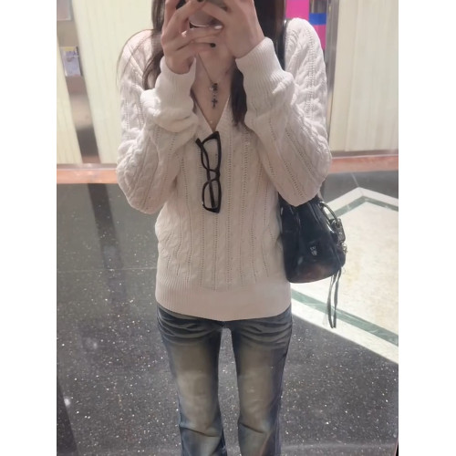 韓系麻花白色V領毛衣針織衫女秋冬2025新款內搭修身顯瘦軟糯上衣