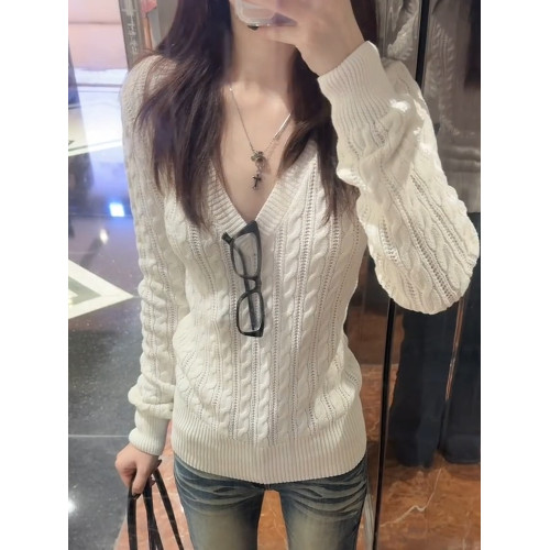 韓系麻花白色V領毛衣針織衫女秋冬2025新款內搭修身顯瘦軟糯上衣