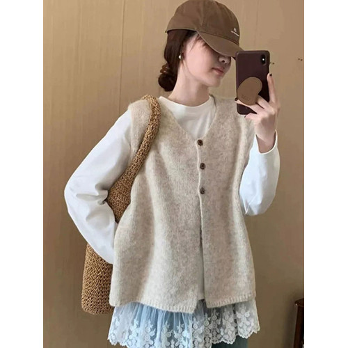 慵懶風V領針織馬甲女韓系百搭曡穿寬松無袖背心高級感毛衣外套 慵懶風V領針織馬甲女韓系百搭曡穿寬松無袖背心高級感毛衣外套