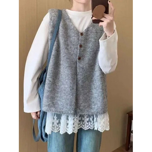 慵懶風V領針織馬甲女韓系百搭曡穿寬松無袖背心高級感毛衣外套 慵懶風V領針織馬甲女韓系百搭曡穿寬松無袖背心高級感毛衣外套