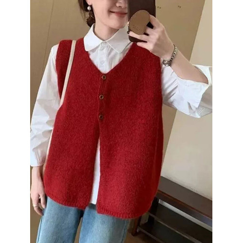 慵懶風V領針織馬甲女韓系百搭曡穿寬松無袖背心高級感毛衣外套 慵懶風V領針織馬甲女韓系百搭曡穿寬松無袖背心高級感毛衣外套