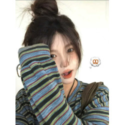 韓系慵懶設計感條紋復古長袖衛衣女秋季小衆休閒圓領寬松套頭上衣