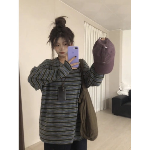 韓系慵懶設計感條紋復古長袖衛衣女秋季小衆休閒圓領寬松套頭上衣 韓系慵懶設計感條紋復古長袖衛衣女秋季小衆休閒圓領寬松套頭上衣