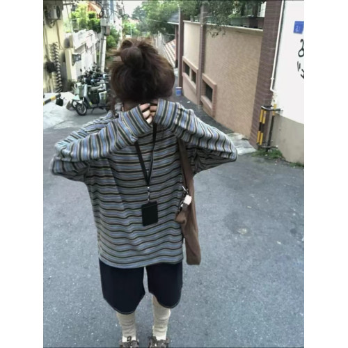 韓系慵懶設計感條紋復古長袖衛衣女秋季小衆休閒圓領寬松套頭上衣 韓系慵懶設計感條紋復古長袖衛衣女秋季小衆休閒圓領寬松套頭上衣