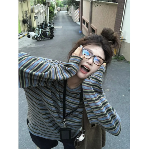 韓系慵懶設計感條紋復古長袖衛衣女秋季小衆休閒圓領寬松套頭上衣 韓系慵懶設計感條紋復古長袖衛衣女秋季小衆休閒圓領寬松套頭上衣