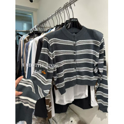 韓國東大門早秋新款百搭顯瘦撞色條紋設計感圓領針織毛衣開衫上衣