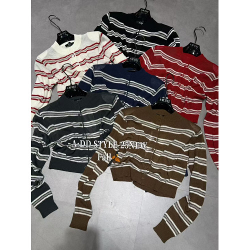 韓國東大門早秋新款百搭顯瘦撞色條紋設計感圓領針織毛衣開衫上衣