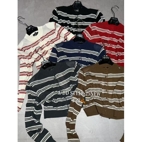 韓國東大門早秋新款百搭顯瘦撞色條紋設計感圓領針織毛衣開衫上衣